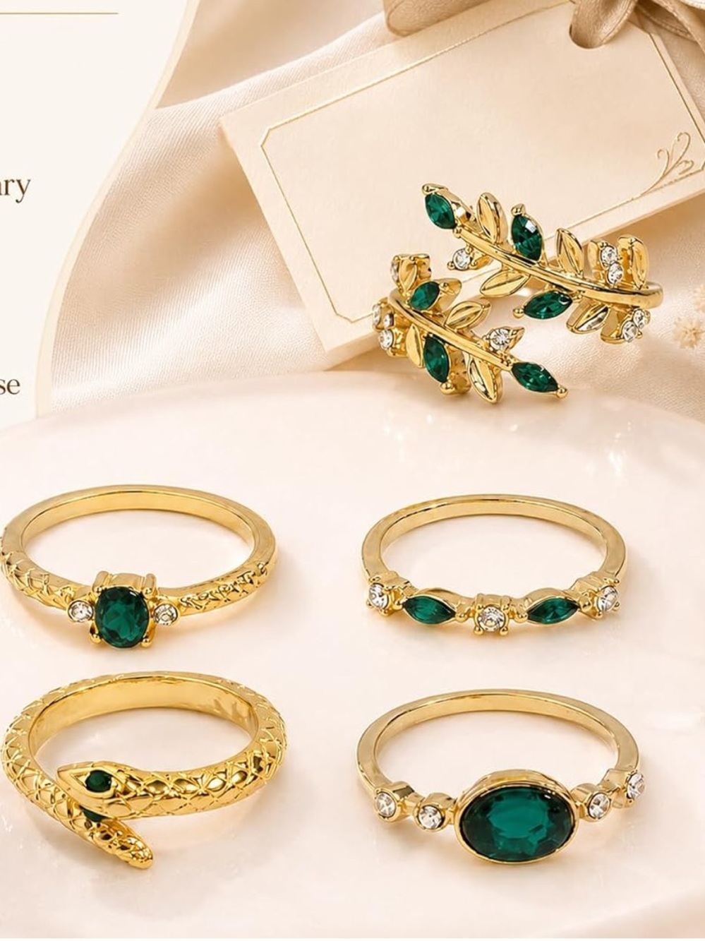 Anthropologie Gold Stackable Rings with Emerald Green Stones - Picture 2 of 6